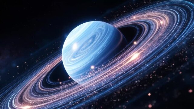 Celestial Rings: An extraordinary view of a celestial body enveloped by luminous rings and set against a dark, cosmic background, capturing the elegance of space exploration.