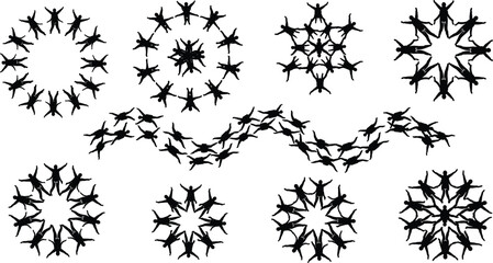 Black silhouette set of skydivers performing aerial formations and patterns in the sky for adventure and teamwork vector designs. © Mominul