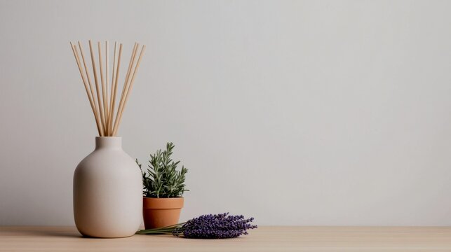 A stylish ceramic diffuser with lavender-scented reeds sits on a light oak wood surface next to a small, living lavender plant in a terracotta pot