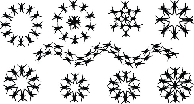 Black silhouette set of skydivers performing aerial formations and patterns in the sky for adventure and teamwork vector designs.