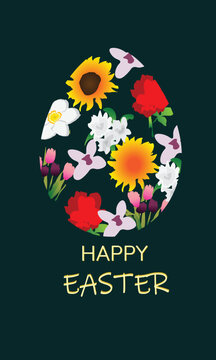 Floral Easter Egg Design with Spring Flowers and Happy Easter Greeting. A creative Easter design featuring an egg-shaped arrangement filled with various spring flowers.