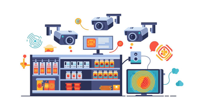 Security cameras monitoring a store shelf with products.