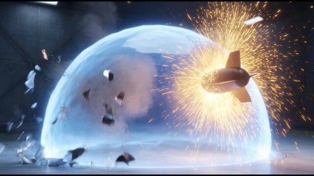 Collision of Defense: A visual representation of a missile colliding with a defensive shield, showing the intensity and impact of the moment.