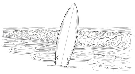 Surfboard standing upright on a sandy beach with ocean waves in the background. © dailystock