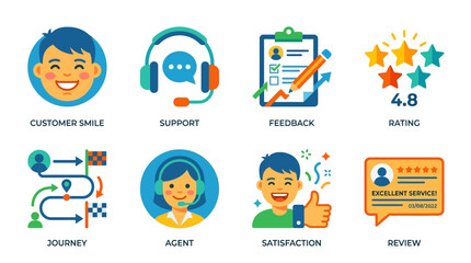 Fototapeta premium Customer support team providing excellent vector feedback and satisfaction ratings through a journey of agent interactions and reviews.