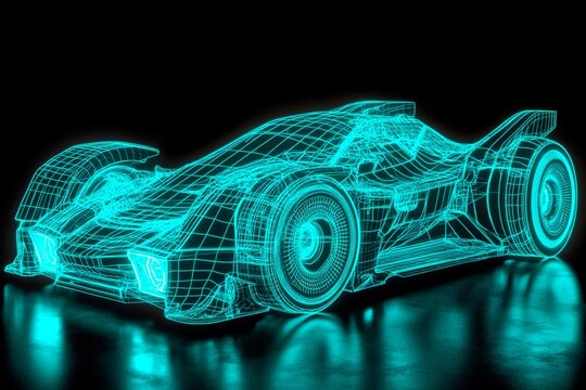 Futuristic automobile design featuring realistic skeleton drawing in neon wireframe style with vibrant colors
