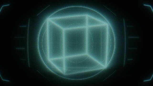 Retro CRT HUD monitor scan loop animation. Rotating blue geometric wireframe cube within a line pixelated interface. Perfect cyberpunk backdrop for sci-fi, data analysis, and processing