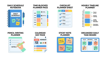 Obraz premium A vector illustration of various colorful daily planners and organizers on a table with a sticky note, calendar, and notebook for business and productivity.