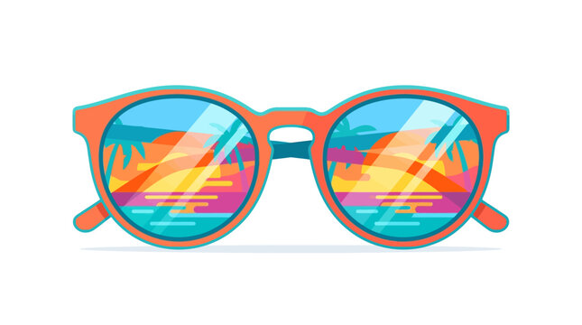 Stylish Round Sunglasses Reflecting Tropical Sunset Scene.