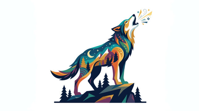 Stylized Wolf Howling at the Moon in a Vibrant Landscape.