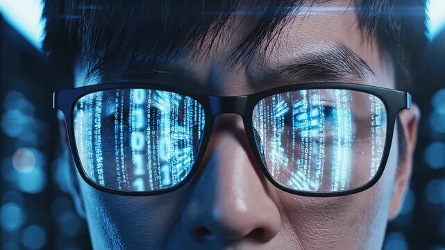 Man with glasses displaying binary code
