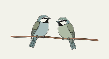 Two Chickadee Birds Perched Together on Branch. © dailystock