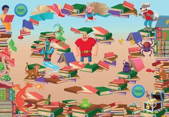 Obraz premium Fantasy maze made of books with fairy tale characters and creatures. Adventure concept, storytelling world, imagination and playful learning.