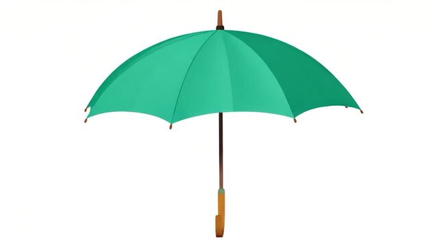 Teal umbrella with wooden handle, isolated on white background