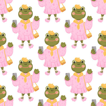 Seamless repeating pattern with a fashionable frog character in a pink dress holding a handbag and smartphone. Cute, playful design for wrapping paper, cards, textiles and decor.