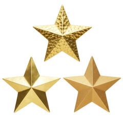 Fototapeta premium Three golden stars of different textures isolated on transparent background