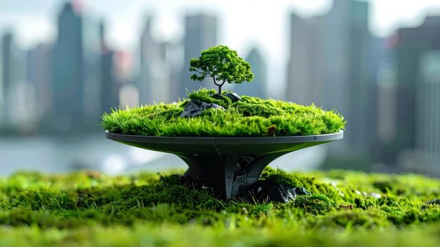 Tiny tree & moss landscape contrasts a city backdrop
