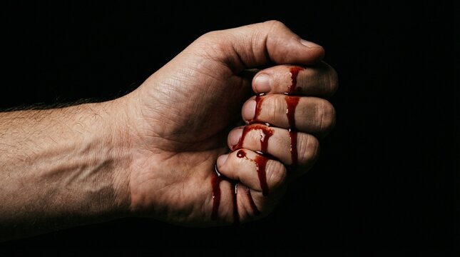 A close-up shot of a human hand clenched into a fist with fresh blood dripping down the fingers against a dark background.
