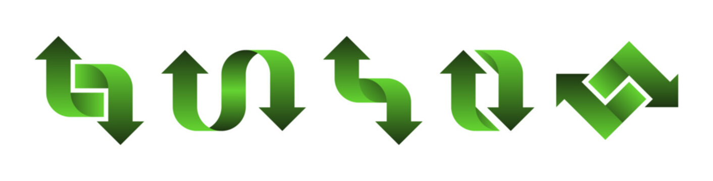 Set of different green arrows pointing up and down. Arrows pointers in different configurations. Signs design for indicate processes, exchange, cyclical actions, updates or direction of movement