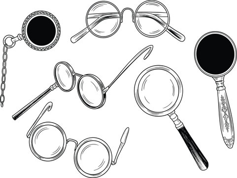 Vintage spectacles and magnifying glass vector set with monocle, antique eyewear, and old engraving style