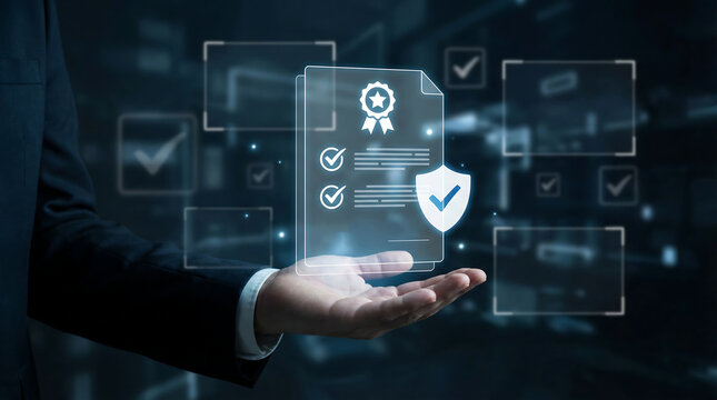 A human hand in a dark suit presents a holographic document with a shield icon and multiple checkmarks, indicating quality and security standards.