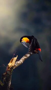 Striking black toucan with brilliant orange and yellow plumage perches upon a weathered tree branch against a dark moody atmospheric background suggesting rainforest wildlife.