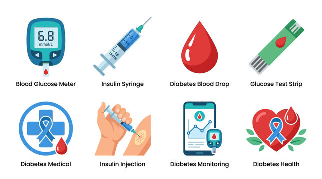 Vector illustration of diabetes management with blood glucose meter, insulin syringe, and test strip on a clean desktop.