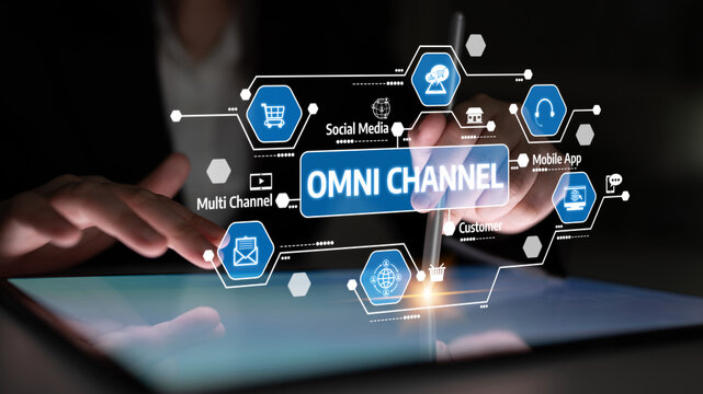Digital technology interface showcasing omni channel concept with interactive icons. A modern approach to enhancing customer experience through innovative marketing strategies. Tessel