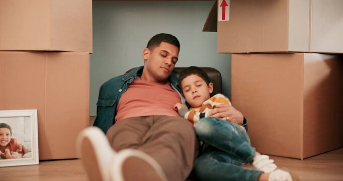 Tired family, real estate and home with boxes, moving in an apartment and renovation with property. Exhausted father, kid or parent with child rest together, nap and relocation with growth or fatigue