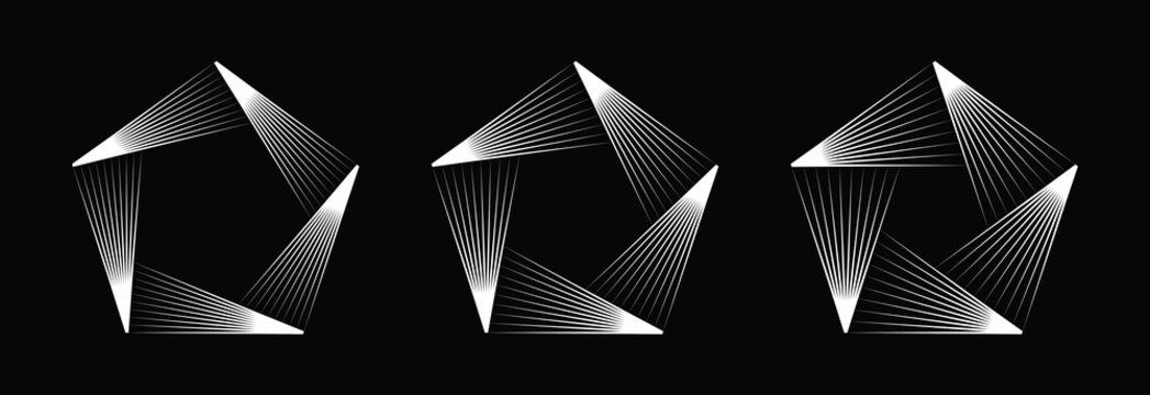 Collection of monochrome optical illusion geometric elements. Blend speed lines in pentagon form. Design element for logo, prints, template or posters. Vector illustration