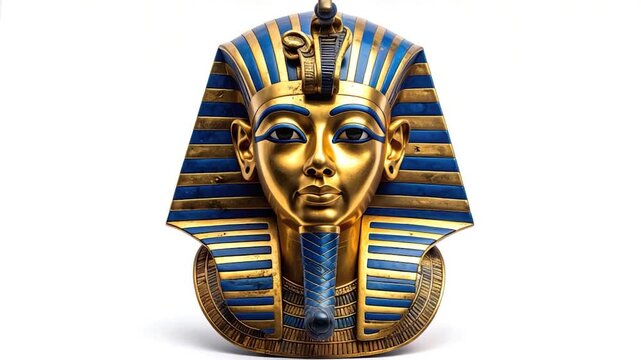 Ornate, gilded Egyptian pharaoh mask on bright white background