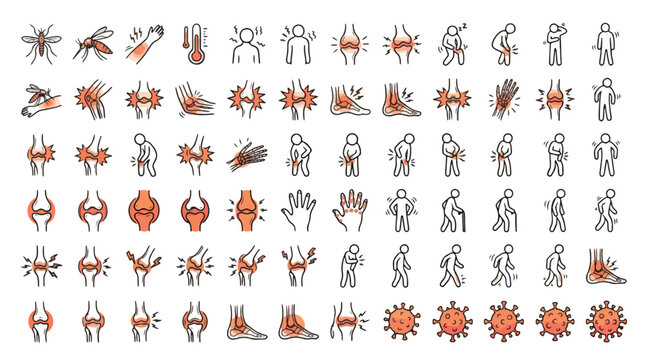 Mosquito-Borne Disease and Joint Pain Icon Set in Line Style. A collection of medical icons, including arthritis, fever, virus, ache, inflammation, bone, knee, and more. Editable Stroke.