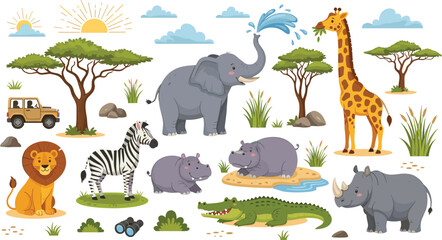 Safari Wildlife Animals Including Elephant, Giraffe, Lion, Zebra, Hippo, Crocodile, and African Landscape in Vector IllustrationSafari Wildlife Animals Including Elephant, Giraffe, Lion, Zebra, Hippo, © Mominul