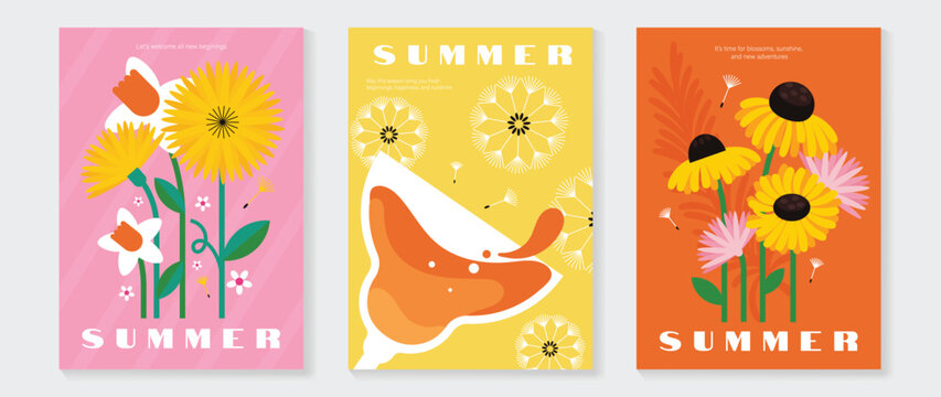 Summer floral poster vector set with dandelion seeds floating in air, yellow flowers, pink blooms and botanical elements on bright seasonal backgrounds. Cheerful summer wall art design for poster.