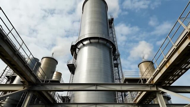 Industrial structure detail with metallic beams and chimney silhouette