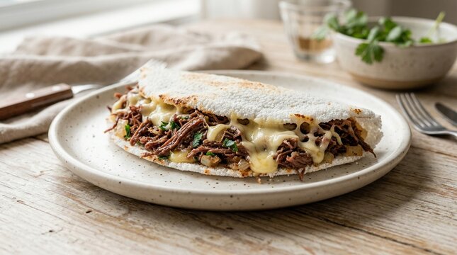 Tapioca recheada com carne seca desfiada e queijo cremoso em close detalhado apetitoso