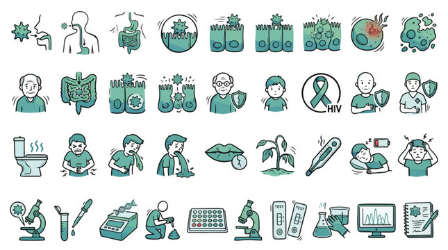 Digestive System and Infectious Disease Icons in Linear Style. A collection of linear icons including virus, bacteria, gut, HIV ribbon, fever, vomiting, stool, microscope, and more. Vector.