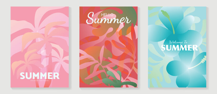Summer tropical poster vector set with orchid flowers, hibiscus bloom, plumeria blossom, palm tree, botanical leaves and exotic garden elements. Bright seasonal wall art design for poster, print, card