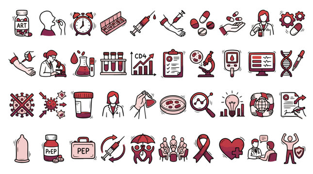 HIV AIDS Medical Awareness Icon Set in Doodle Style. A collection of Healthcare Linear Icons, Including medicine, virus, prevention, prep, pep, ribbon, blood, syringe, lab