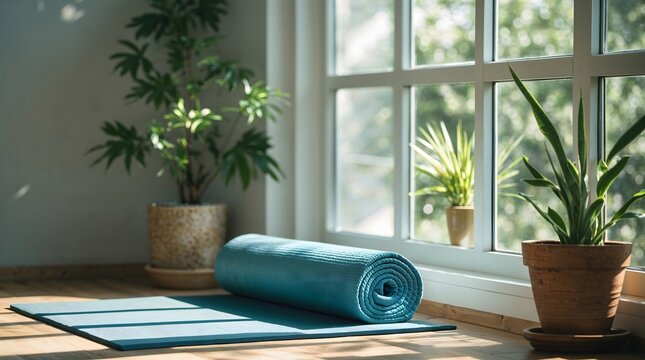 Blue yoga mat unrolled in a sunlit home space with green plants, symbolizing peace and wellness