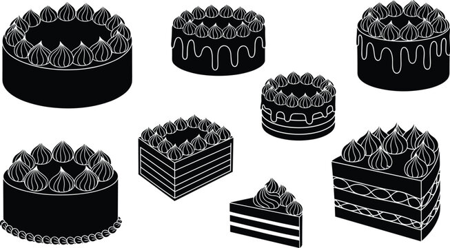 Set of black cake silhouettes and cake slice vector icons for bakery menu design and birthday party celebration backgrounds.