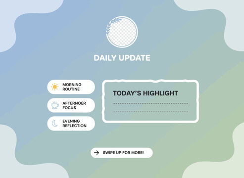 Daily update interface displays today's highlight on screen with morning routine, afternoon focus, evening reflection buttons and a signup option.