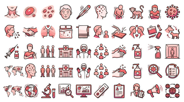 Mpox Virus Outbreak Icon Set in Hand-drawn Style. A collection of linear icons including rash, fever, monkey, transmission, vaccine, hospital, handwashing, sanitizer, and more. Hand-drawn.