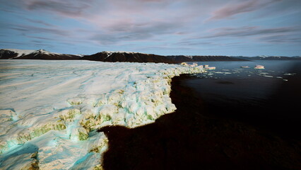 blue ice cliff meeting dark water, isolated arctic coastline, fractured ice shelf, textured snow, low light, distant treeline, moody cyan tones, coastal © icetray