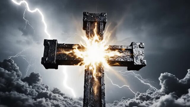 Stone cross with lightning in stormy sky