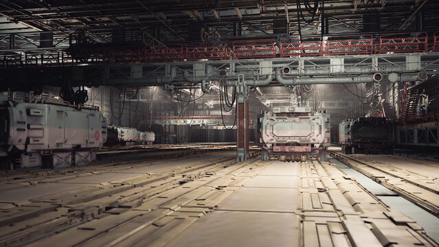 Abandoned vehicle bay with service tracks and dim overhead lights, rows of inactive transport units and collected dust create cinematic stillness, scene implies