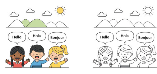 Diverse Happy Children Saying Hello in Different Languages Vector Illustration, Global Unity and Communication Concept with Coloring Book Page and Colored Version for Education (186 characters) © MMONIR
