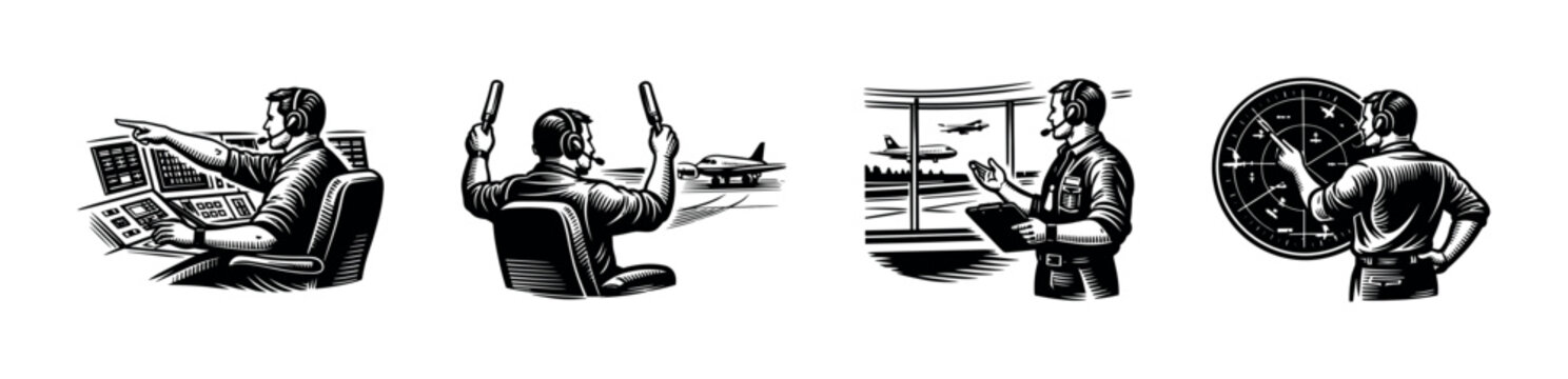 Air traffic control and piloting black and white vector illustration set