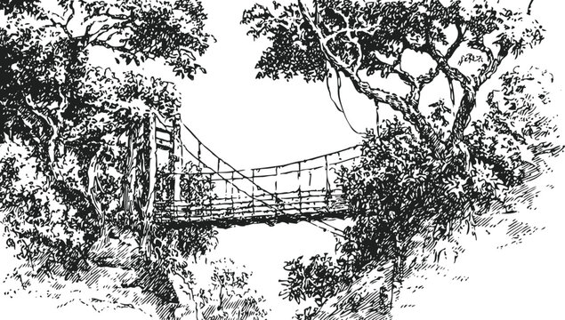 Suspension bridge over rocky ravine surrounded by dense forest, detailed black and white ink drawing