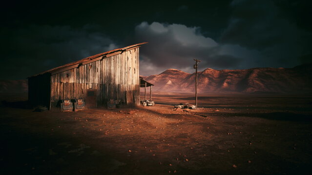 desert barn at dusk storm clouds cast dramatic shadows over weathered wooden shack and telephone pole, distant mesa and rugged mountains bathed in warm sunset